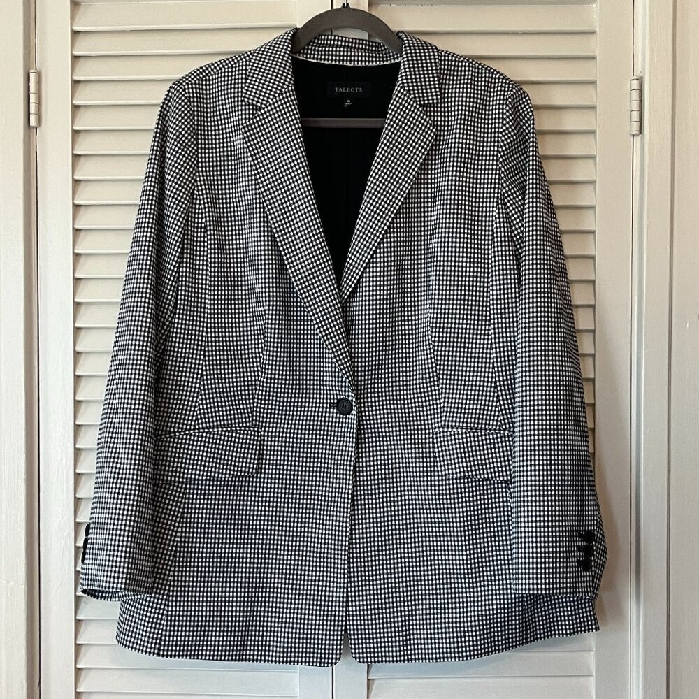 Talbots blazer one-button black white plaid cotton 18 women